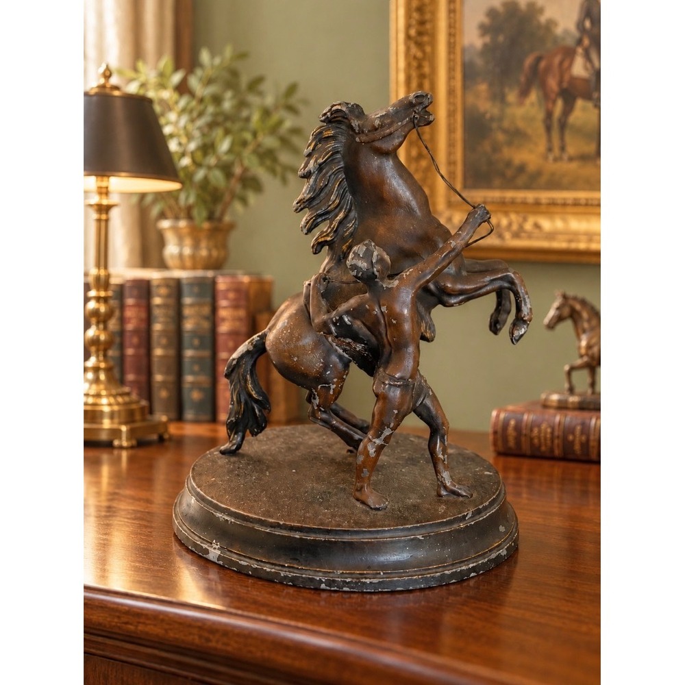Marly Style Horse Tamer Metal Sculpture Rearing Stallion Statue Bronze Tone